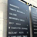 Modifiable wall & ceiling hanging menu board for bistro, restaurant, cafe & party. Custom handwritten price list display. Easy to mount and update.
